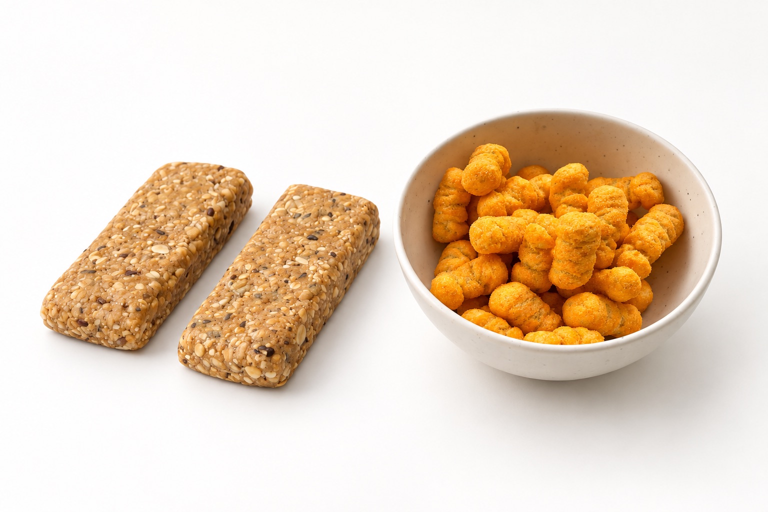 Two bars beside a bowl of savoury crunch.